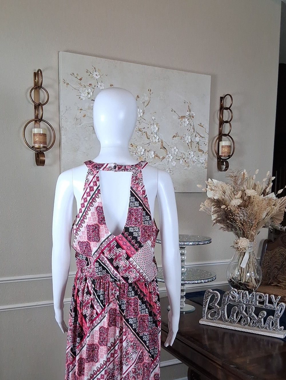 Trixxi Women's Halter Pink Multi Boho Maxi Dress Size Large Summer Dress - Picture 9 of 14